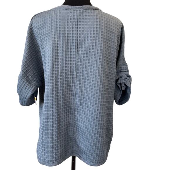 New MAX STUDIO Blue Ruched Elbow Sleeve Waffle Knit Pullover T-Shirt Size L - Picture 3 of 7